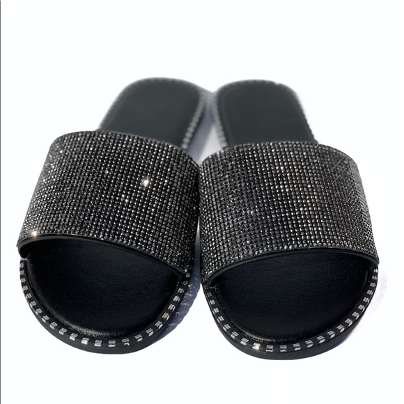 Black Rhinestone Flat Sandals - Picture 5 of 10